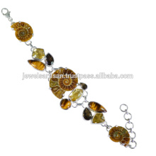 Ammonita de diseño y piedras preciosas multi 925 pulsera de plata esterlina Joyería